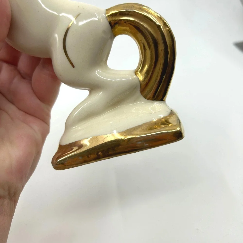 Vintage Mid Century Gold White Ceramic Rearing Horse Figurine
